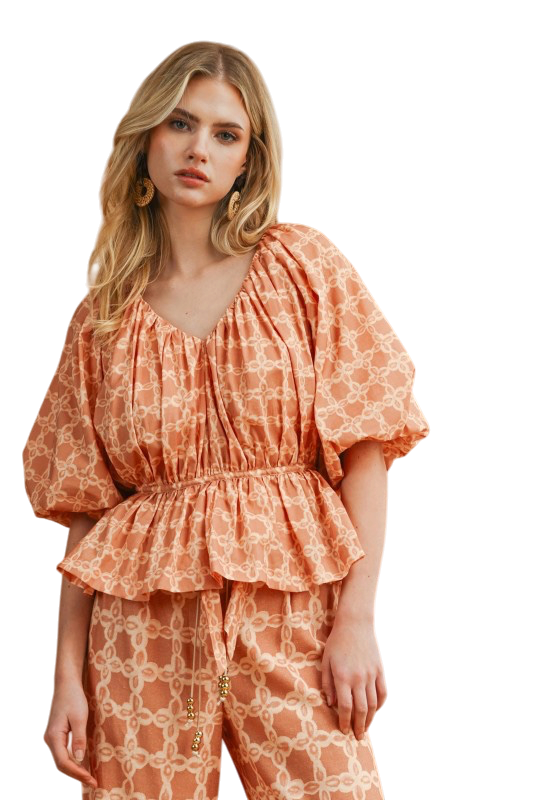Geometric Short Sleeve Peplum Top