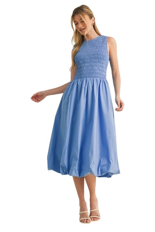 Smocked Bubble Hem Midi in Blue