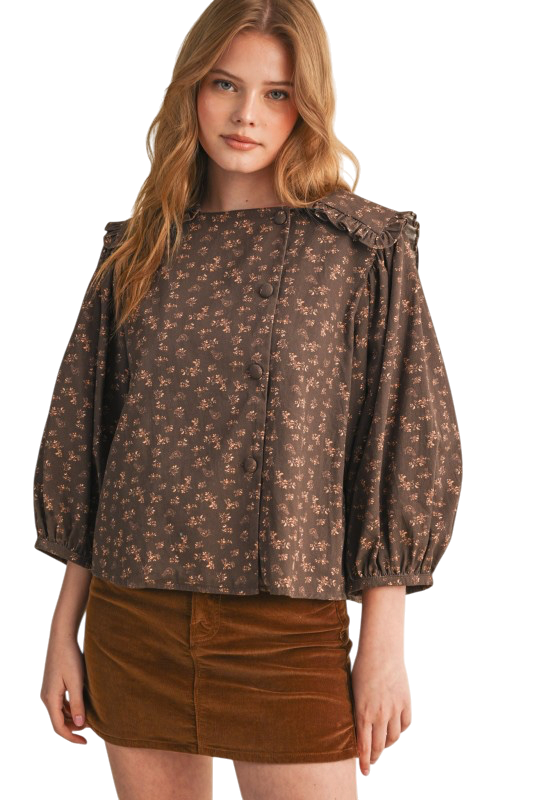 Brown Floral Sailor Collar Top