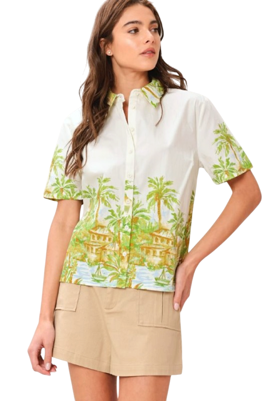 Green & White Palms Button Up Shirt