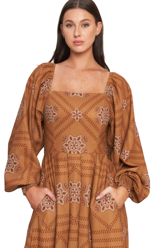 Geometric Puff Sleeve Midi in Camel