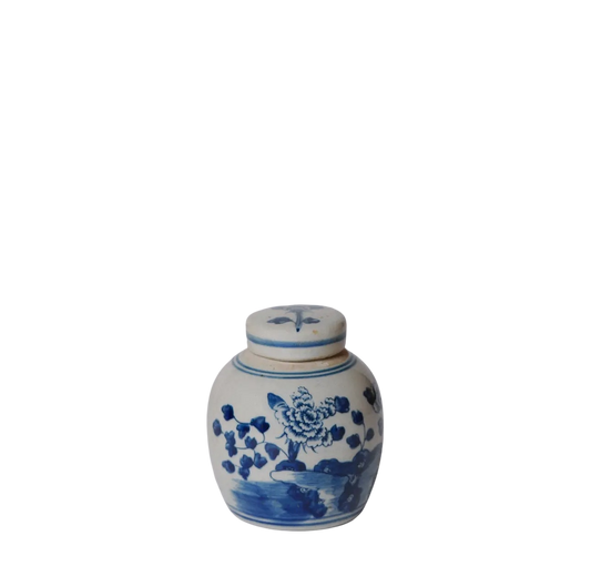 Blue & White Mini Peony Floral Round Jar
