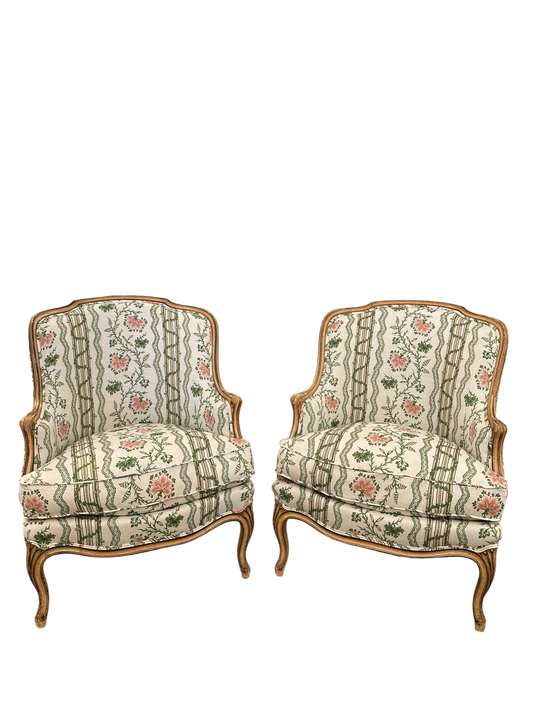 Pair of Louis XV Bergeres in Schumacher Parvati Floral Stripe