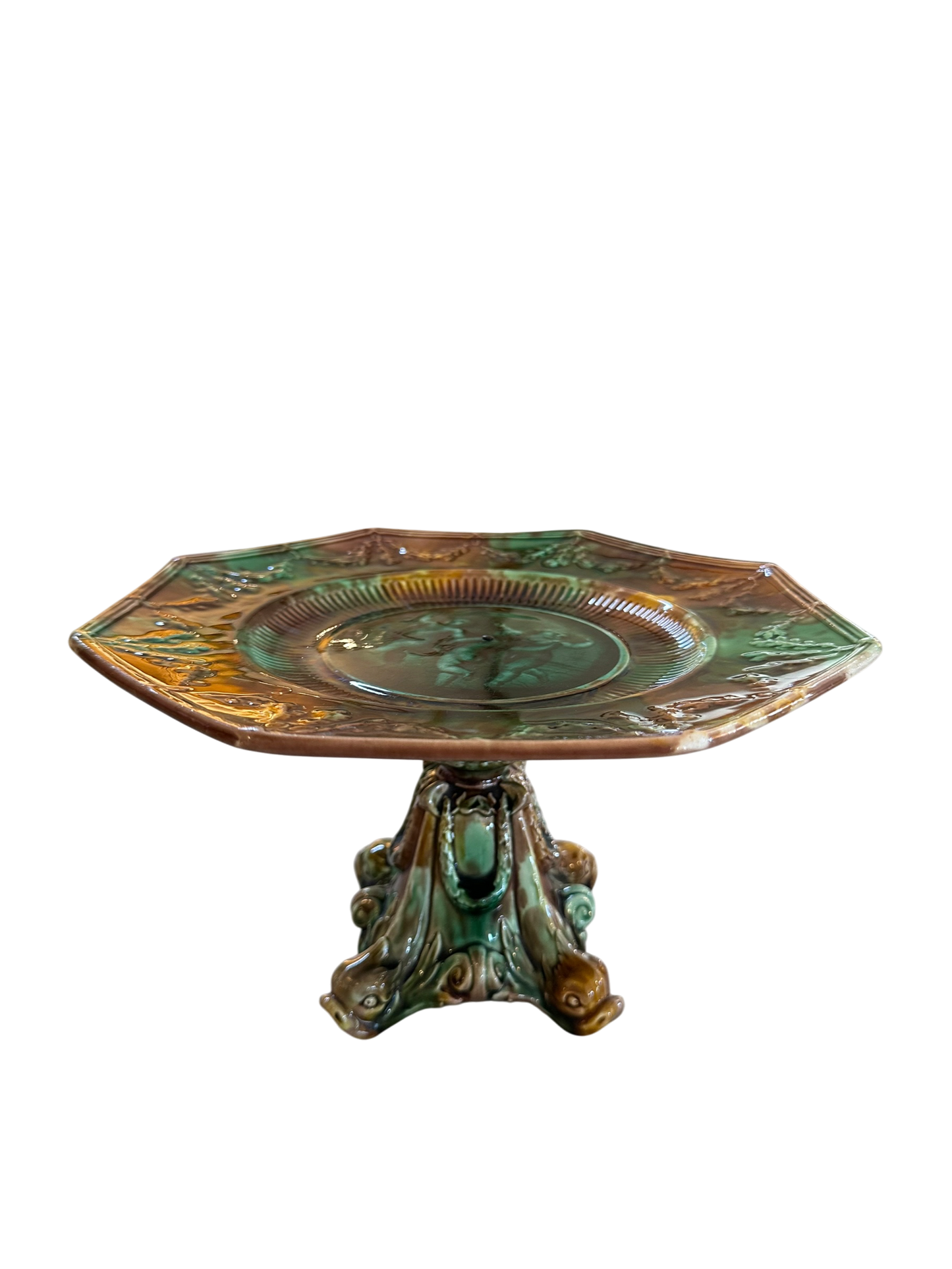 Vintage Majolica Dolphin Fish Pedestal Cake Stand
