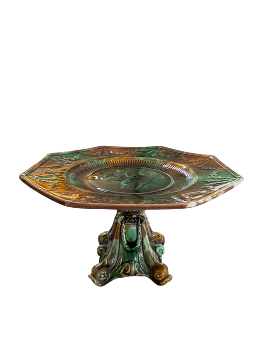 Vintage Majolica Dolphin Fish Pedestal Cake Stand