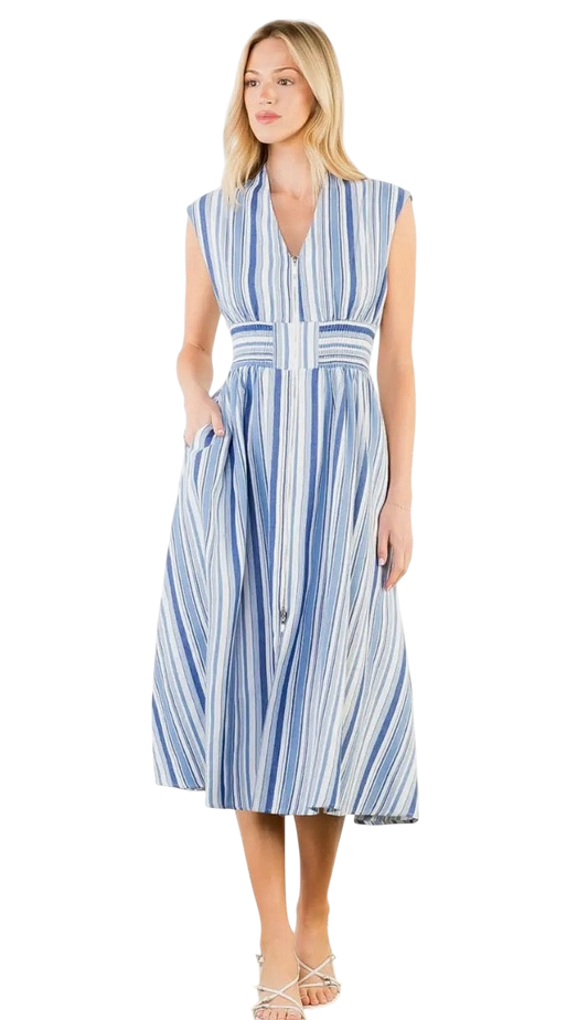 Sleeveless Stripe Midi Dress with Zipper Front