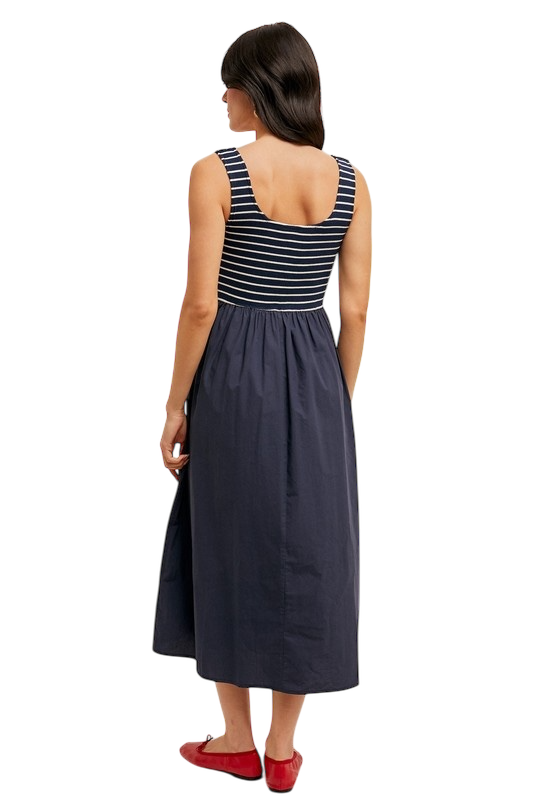 Mixed Media Stripe Ribbed Midi Dress