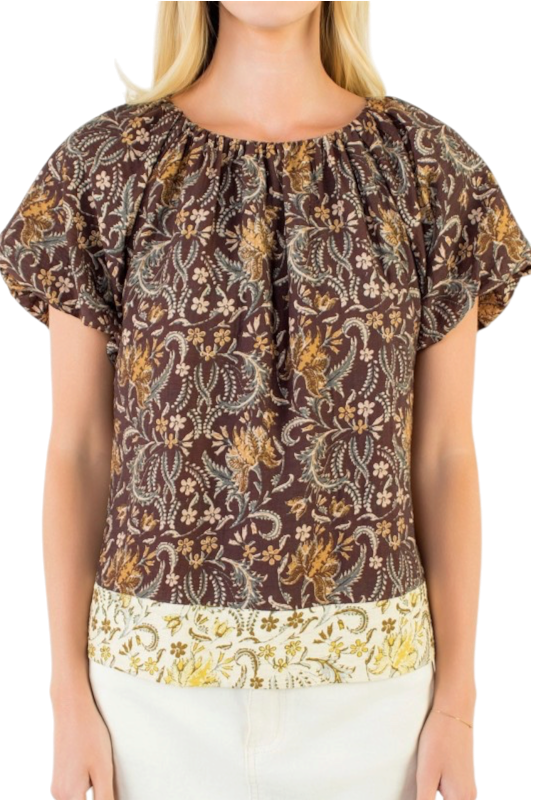Puff Sleeve Brown Floral Top