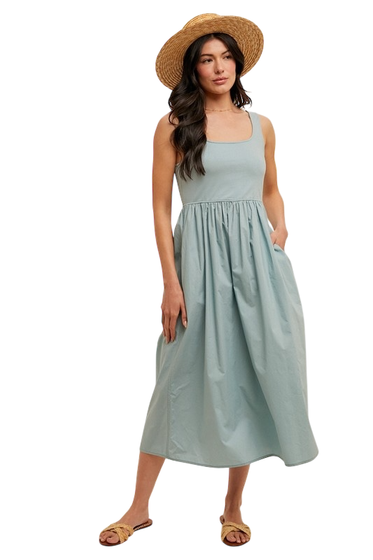 Mixed Media Scoop Neck Midi - Aqua