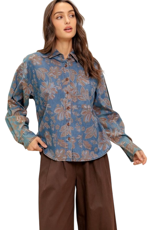 Chambray Autumn Leaves Button Up