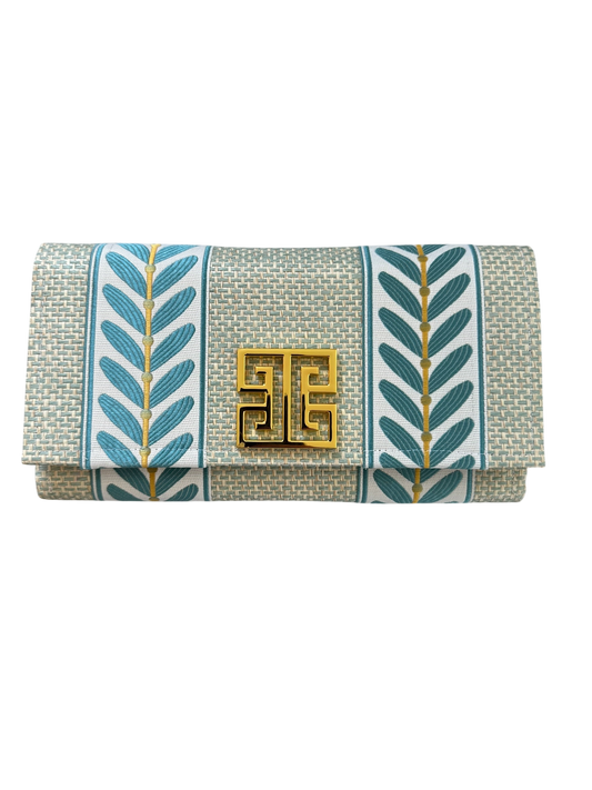 Aqua Grass Cloth Clutch with Square Greek Key
