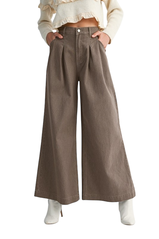 Pleated Wide Leg Jean - Light Brown