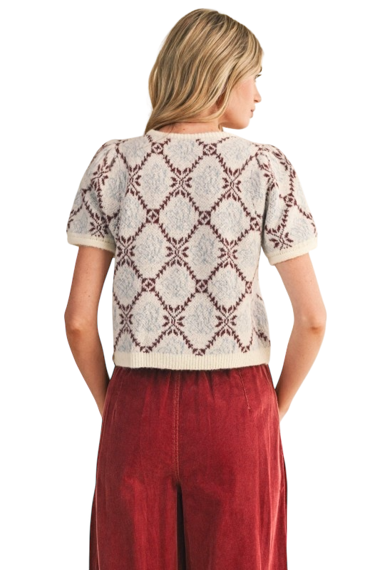 Floral Short Sleeve Cardigan - Ivory/Merlot