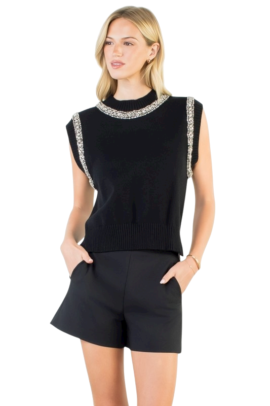 Embellished Mock Neck Knit Top - Black