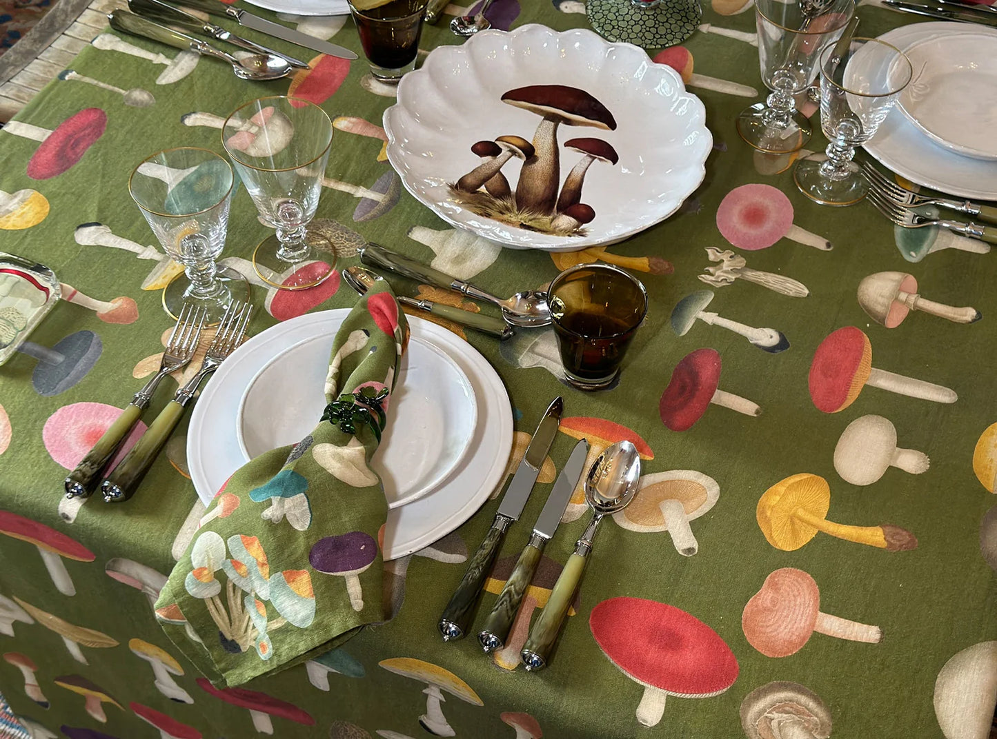 S&B x John Derian Green Fungi Linen Tablecloth