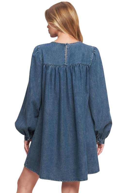 Long Sleeve Pleated Denim Mini