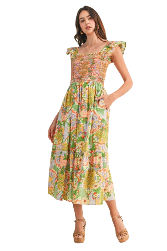 Floral Tiles Smocked Bodice Midi Dress