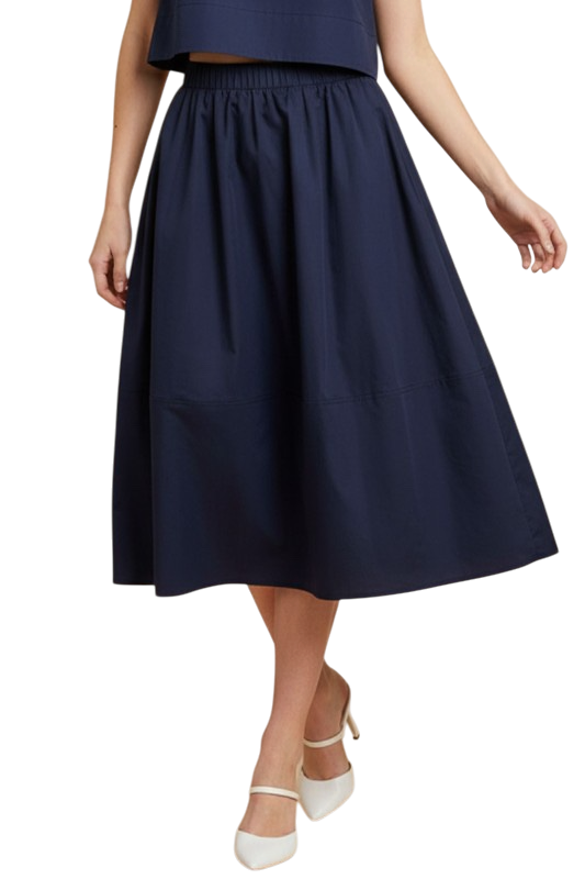 Solid Poplin Midi Skirt - Navy