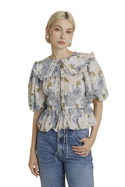 Blue Peony Tie Front Top