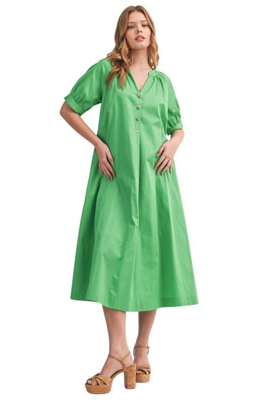 V Neck A-Line Midi Dress in Kelly