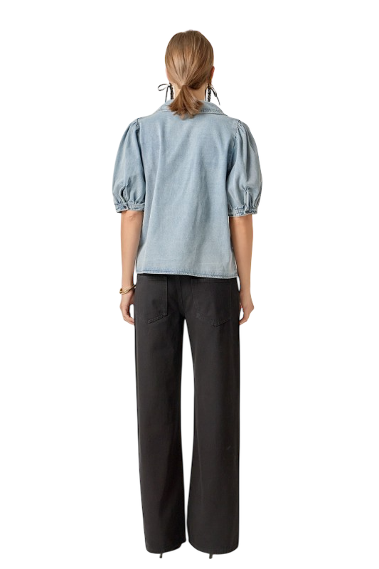 V-Neck Denim Button Up Shirt