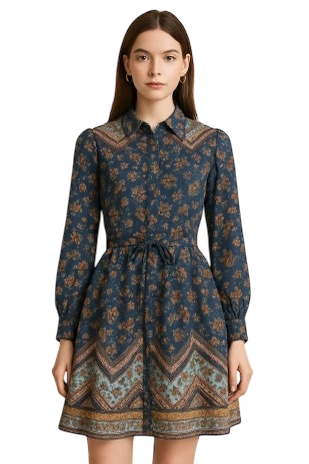 Border Print Tie Waist Button Down Dress