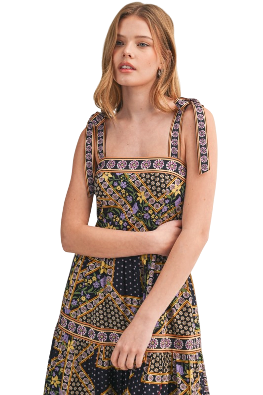 Patchwork Print Tie Shoulder Midi