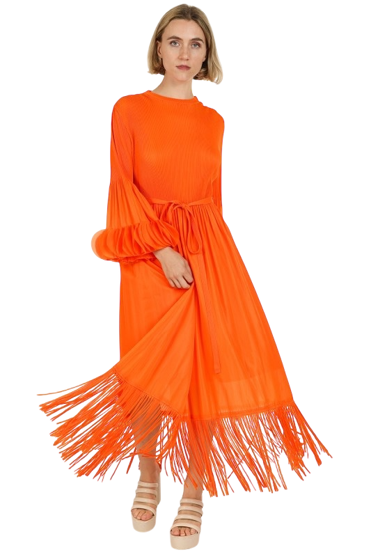 Orange Pleated Detail Fringed Maxi