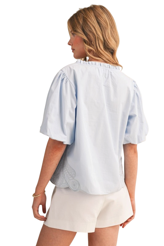 Bubble Sleeve Top w/ Side Embroidery