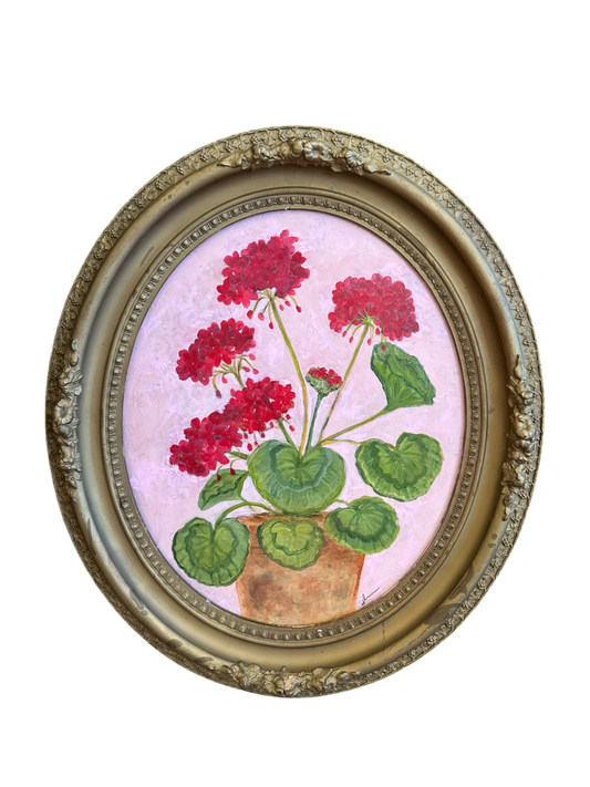 Jenn Leverett Art - Potted Geranium in Oval Frame