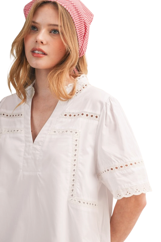 V-Neck Lace Trim Tunic in Off White