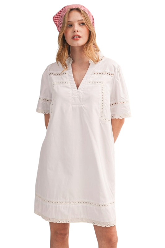 V-Neck Lace Trim Tunic in Off White