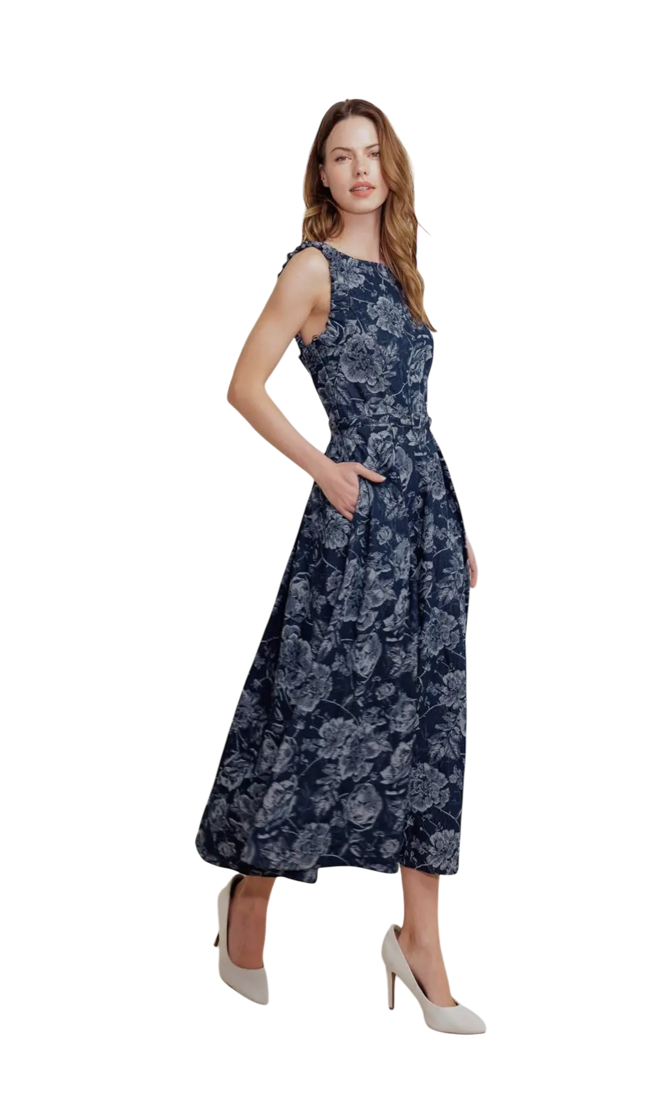 Pleated Denim Jacquard Midi