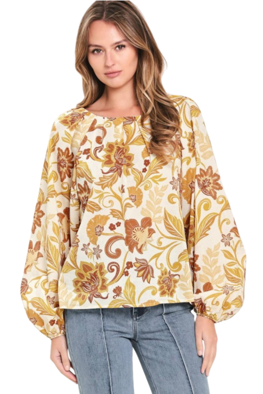 Brown & Gold Floral Long Sleeve Top
