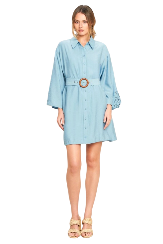 Eyelet Sleeve Belted Shirt Dress