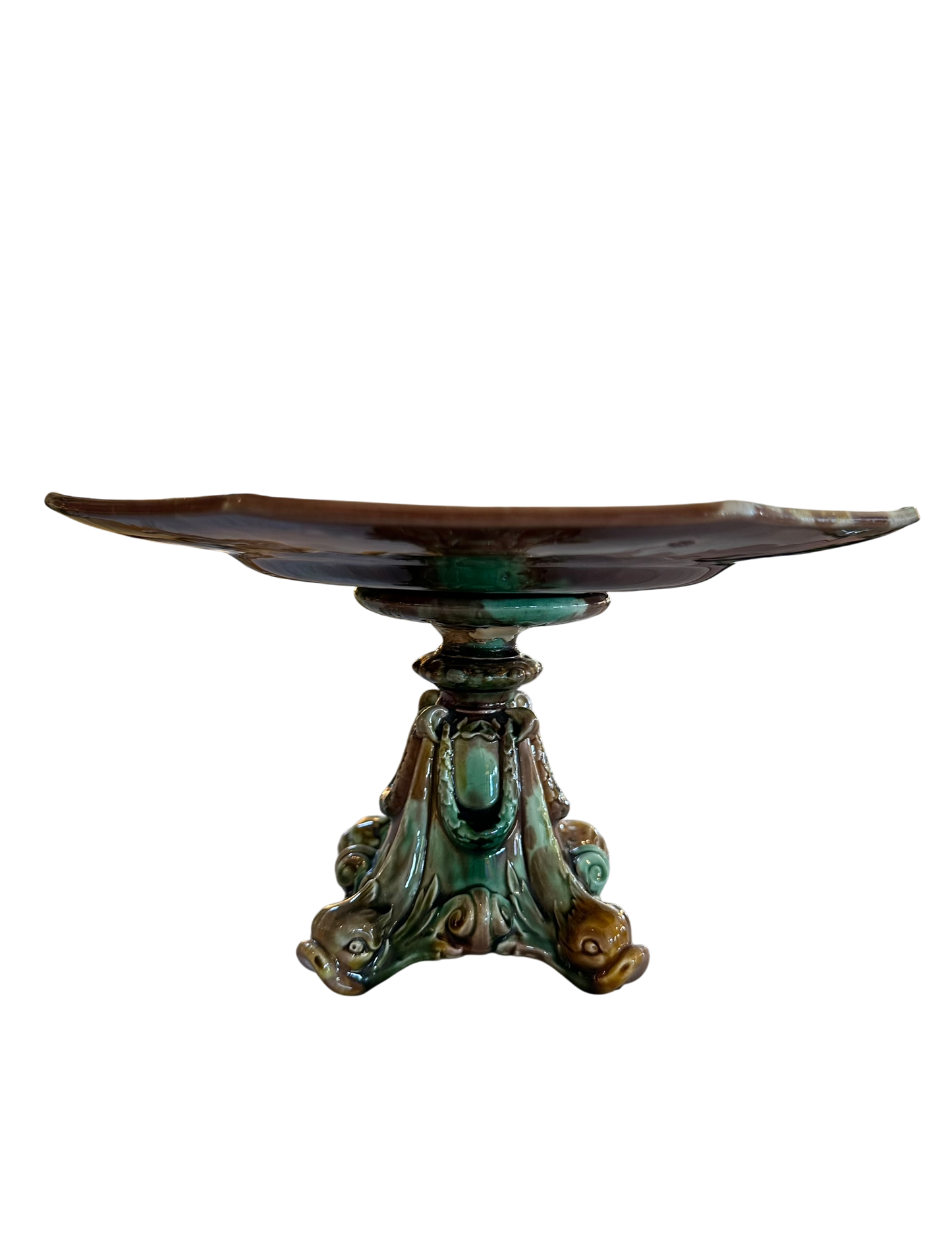 Vintage Majolica Dolphin Fish Pedestal Cake Stand