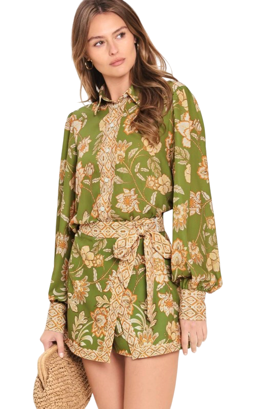 Olive Floral Button Up Top