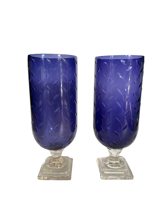 Pair of Vine Etched Glass Hurricanes