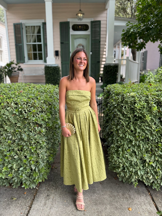 Green Jacquard Strapless Midi Dress