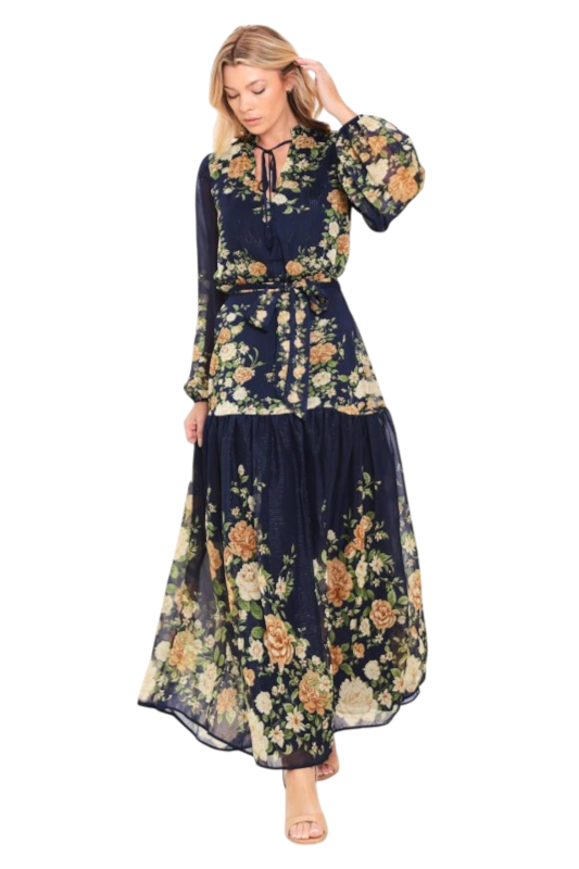 Navy Floral Long Sleeve Maxi