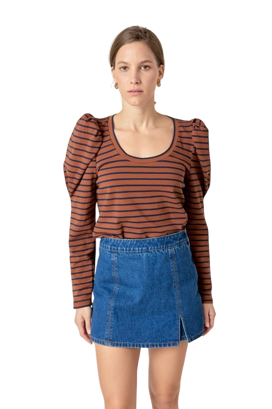 Puff Sleeve Knit Top in Brown & Navy