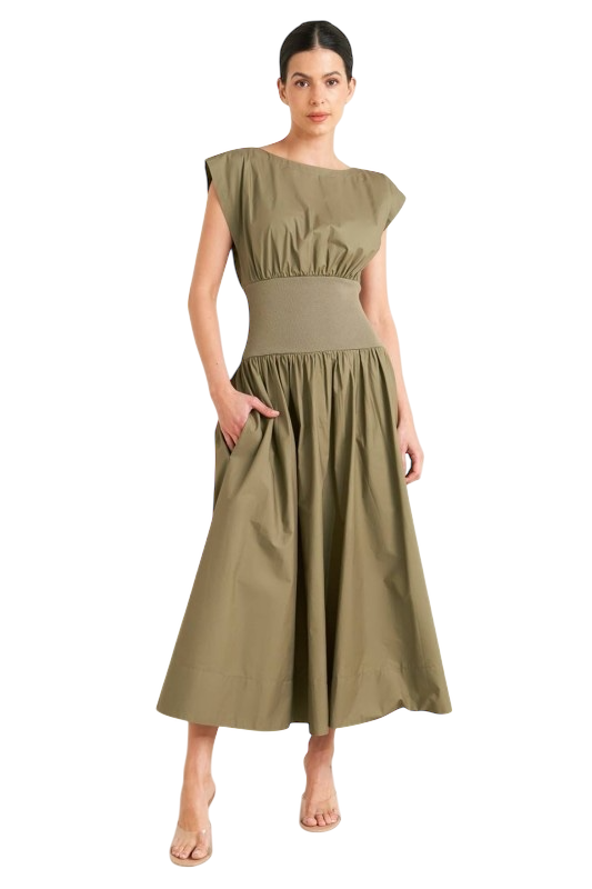 Elastic Waist Midi Dress - Olive