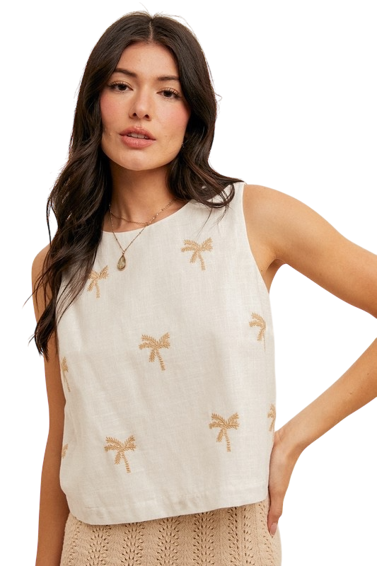 Palm Tree Embroidered Linen Tank