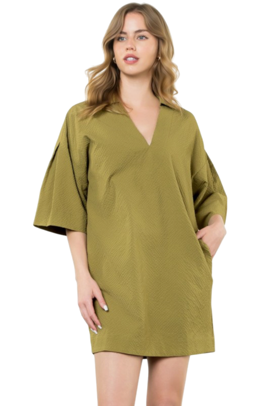 Textured Olive Short Sleeve Dress