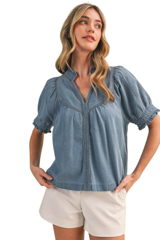 Denim Chambray Ruffled Top