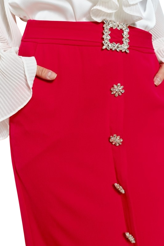 Belted Jeweled Button Midi Skirt