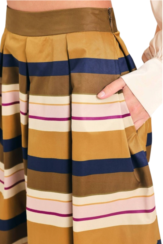 Camel & Navy Stripe Midi Skirt