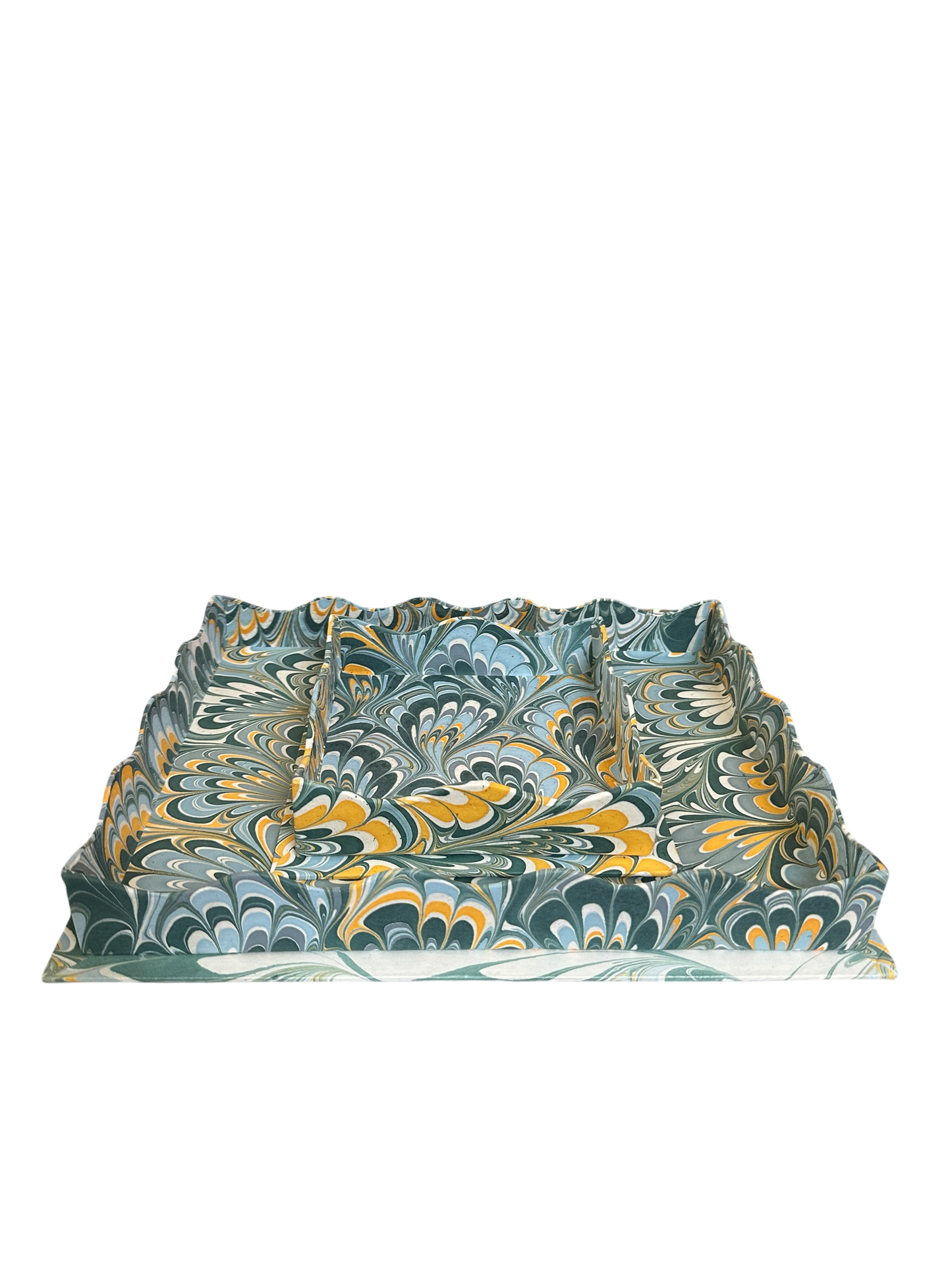 Nesting Scalloped Hand-Marbled
Trays in Blue