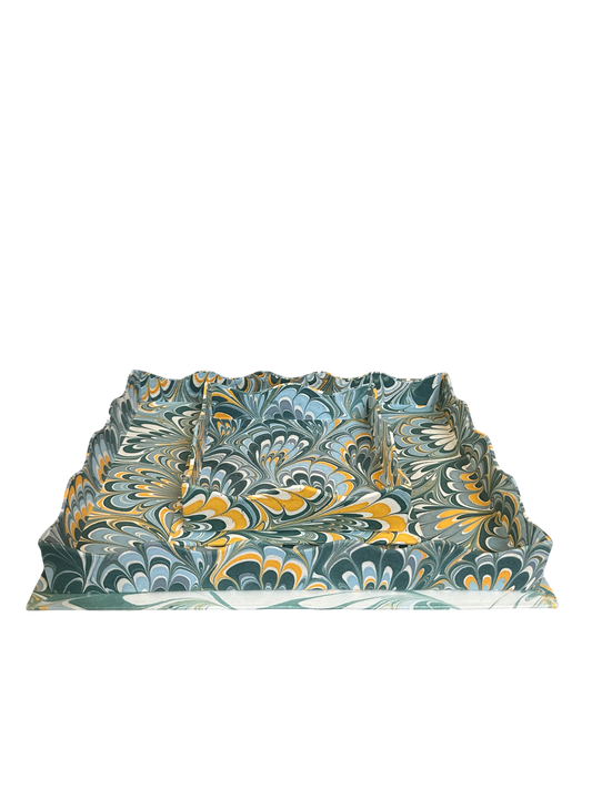 Nesting Scalloped Hand-Marbled
Trays in Blue