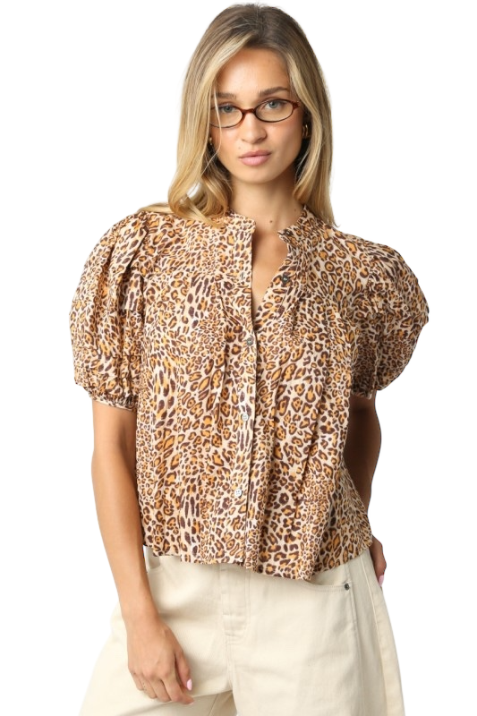Puff Sleeve Leopard Pintuck Top